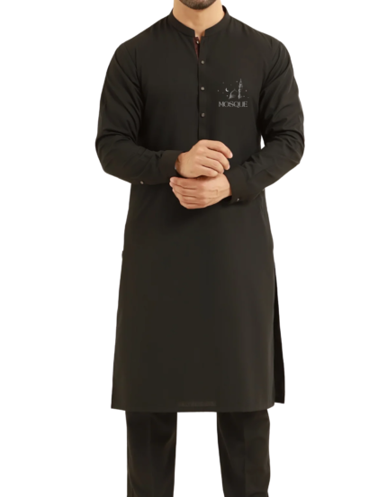 Men's Islamic Mosque Print Kurta, Long Sleeve Button Neck, Black