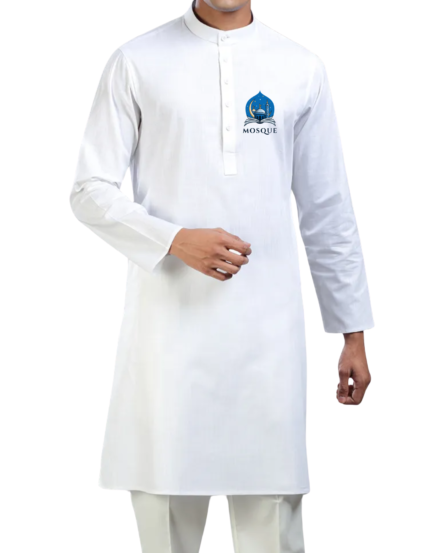 Men's White Cotton Kurta with Mosque Logo Print, Traditional Islamic Wear
