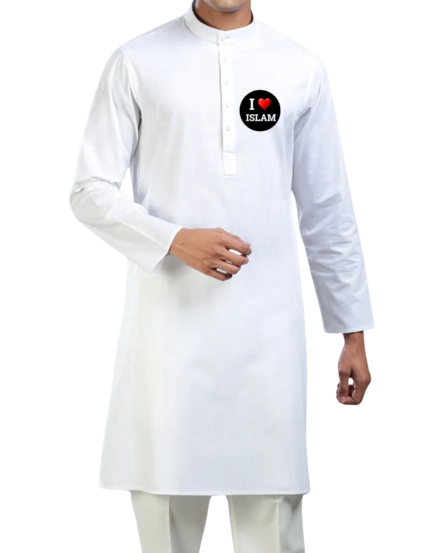 Men's White Cotton Islamic Kurta with 'I Love Islam' Print, Long Length