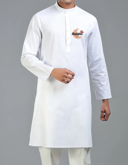 Men's White Islamic Kurta with Alhamdulillah Print, Long Length