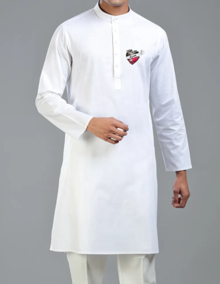 Men's Islamic White Kurta with Heart Design Print, Long Length