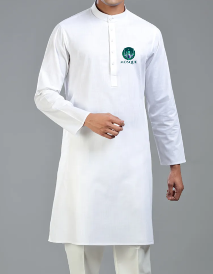 Men's White Cotton Kurta with Mosque Print, Traditional Islamic Wear