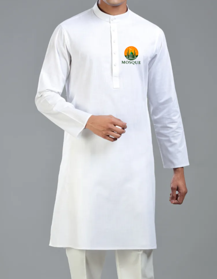 Men's White Cotton Mosque Print Kurta, Long Length