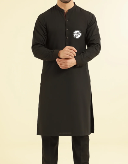 Men's Prayer Print Long Kurta, Black Cotton, Full Sleeves, Traditional Islamic Wear