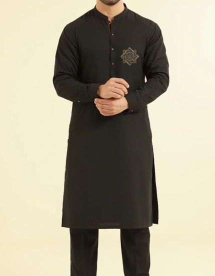 Men's Long Kurta with Geometric Design, Black, Traditional Islamic Style