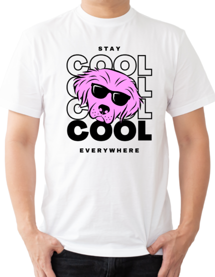 Stay Cool Graphic T-Shirt, White Cotton, Half Sleeve, Pink Dog Print