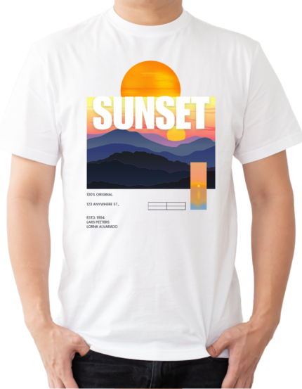 Sunset Mountain Graphic T-Shirt, White, Half Sleeve, Cotton