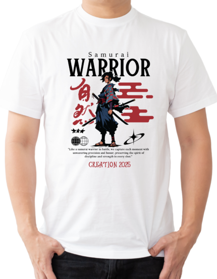 Samurai Warrior Graphic T-Shirt, White, Half Sleeve, Cotton