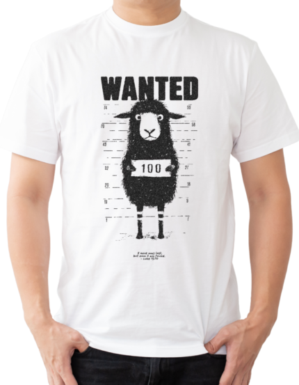Wanted Sheep Mugshot Graphic T-Shirt, White, Half Sleeve