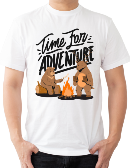 Time for Adventure Graphic T-Shirt, White, Half Sleeve, Bear and Deer Design